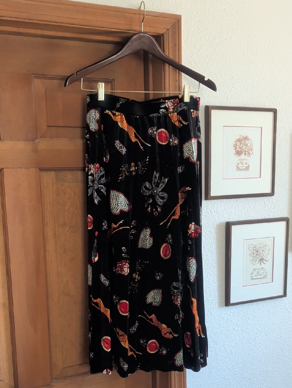 Maeve Black Velvet Printed Midi Skirt